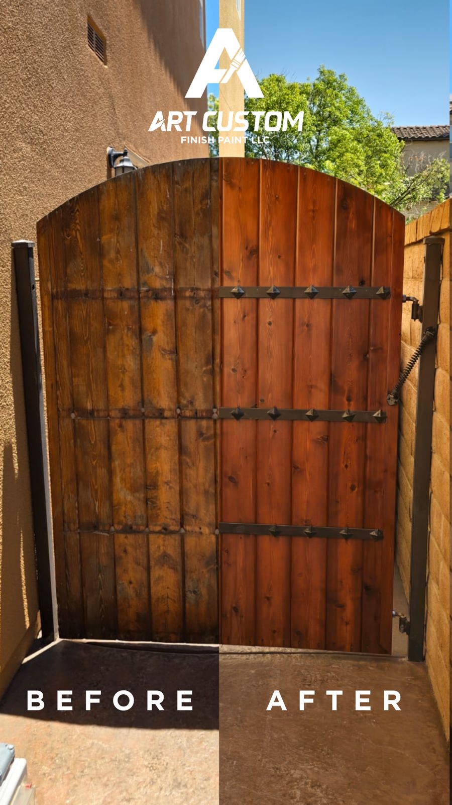 Before and after wood gate refinishing project